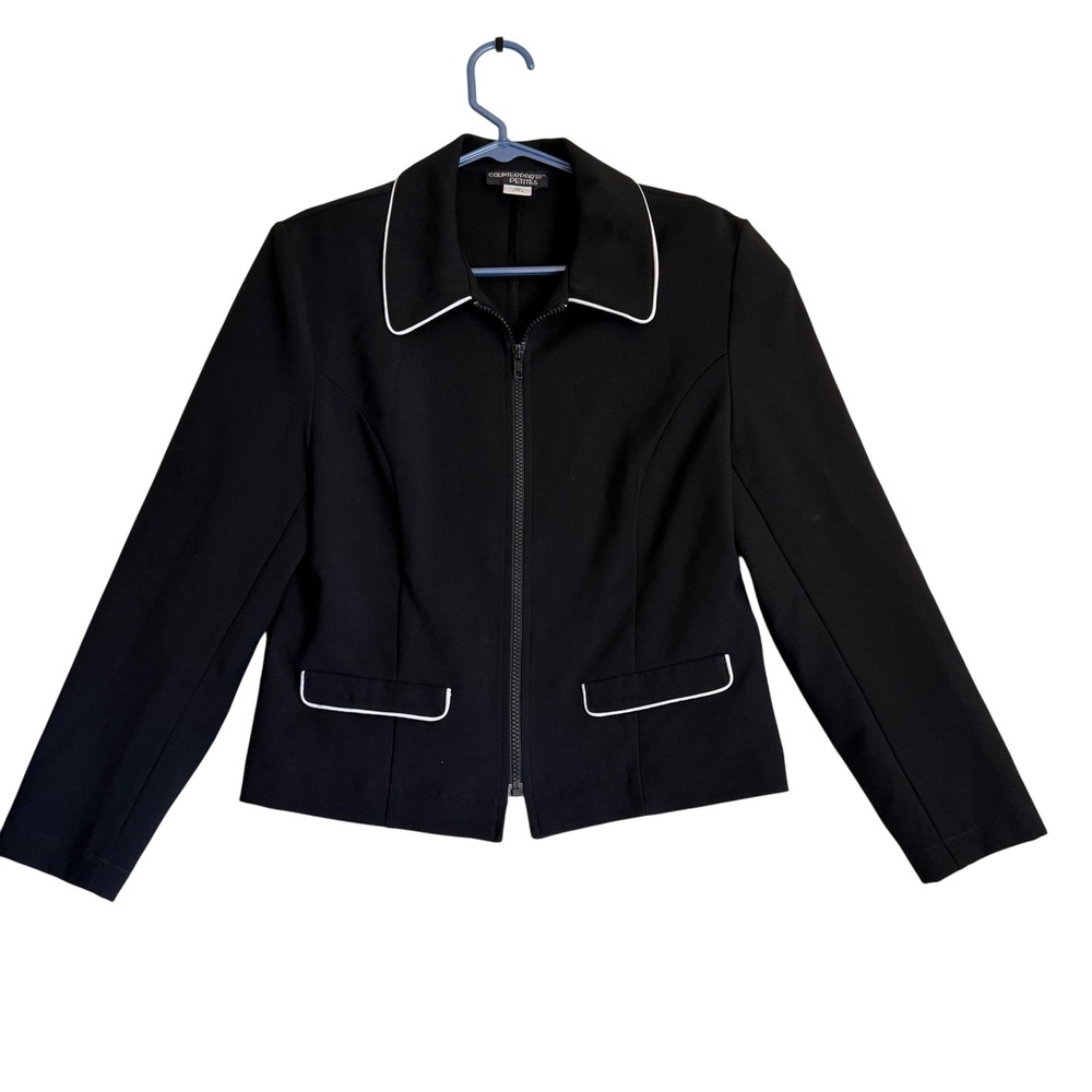 Counterparts Petites Black Blazer Jacket White Trim Full Zip Work‎ Size 4P